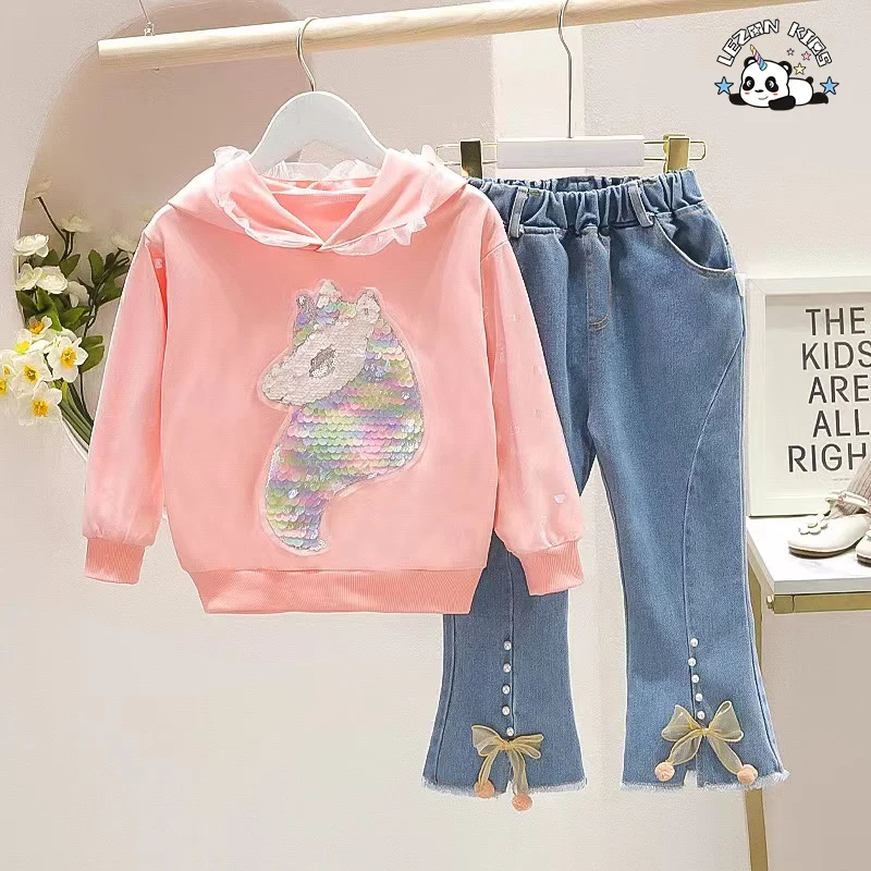 LEZONKIDS - Factory Direct Price Autumn Long Sleeve Hooded Denim Pants  Kids Girls Clothing Set for 2 to 14T Child